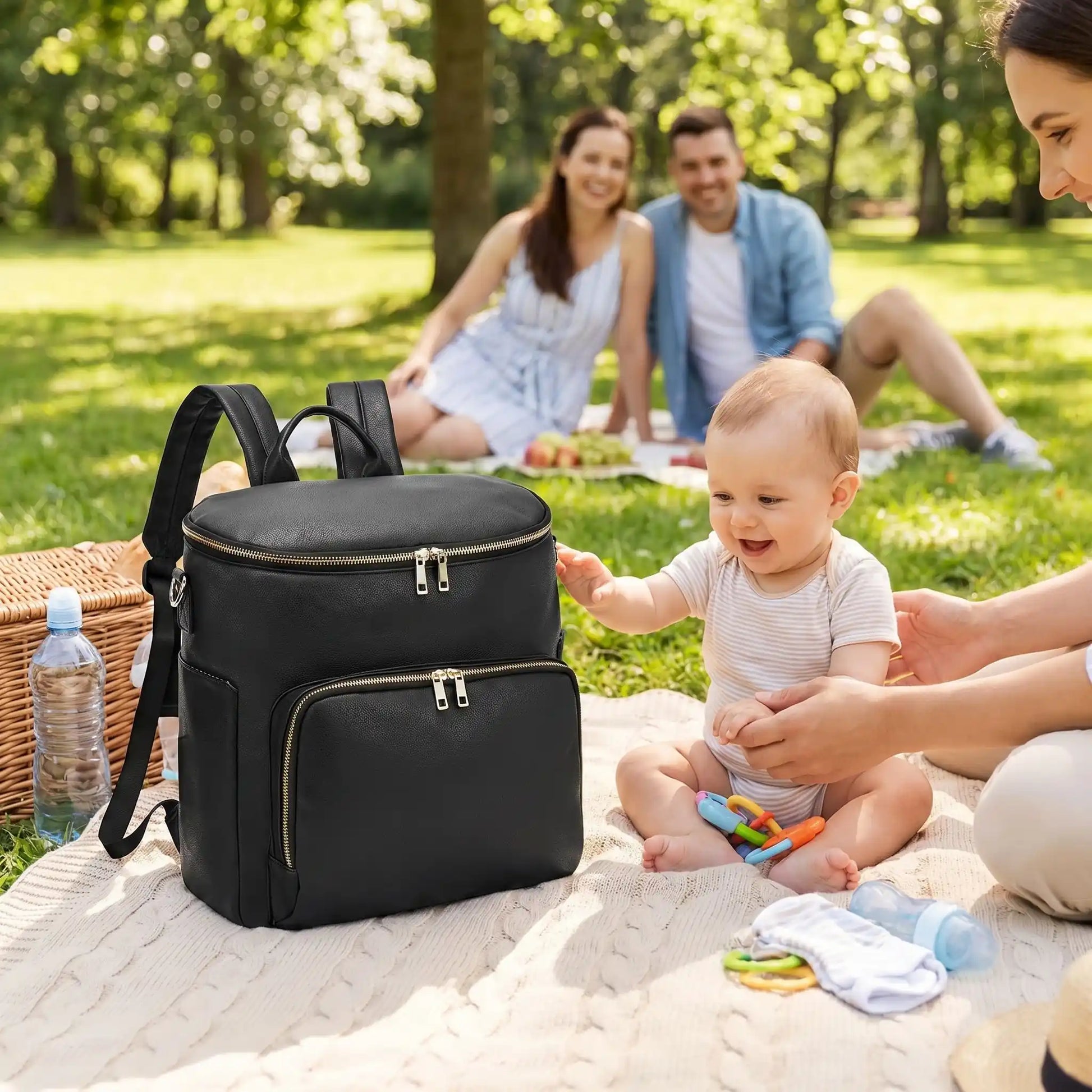 sac a langer chic cuir mompratique sur la couverture au parc avec bébé et sa famile