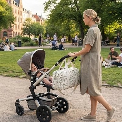 sac a langer chic flexible fixé sur poussette avec maman et bébé