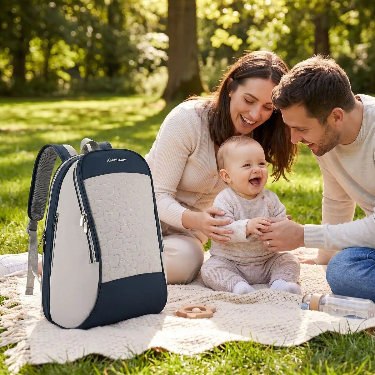 sac a langer chic harmonie sur couverture au parc avec bébé et famille