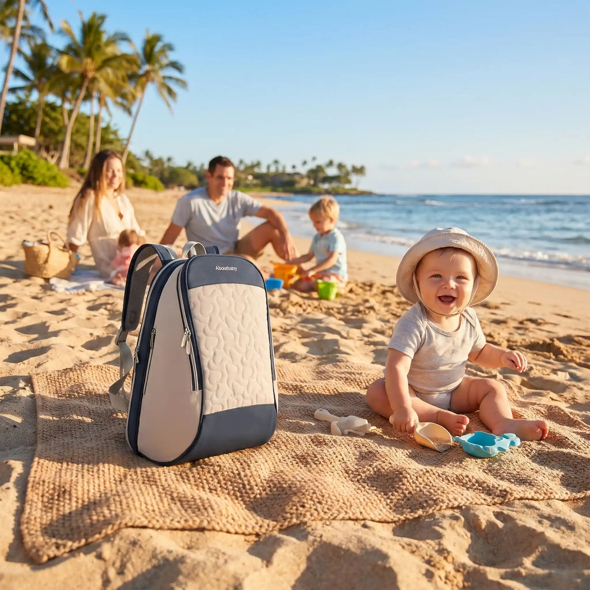 sac a langer chic harmonie sur couverture sur plage avec bébé et famille