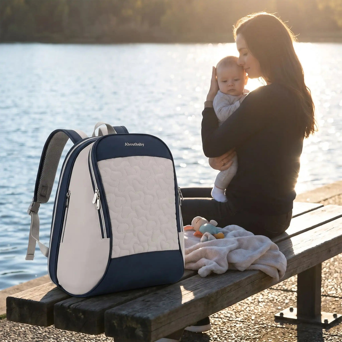 sac a langer chic harmonie sur le banc avec bébé et famille