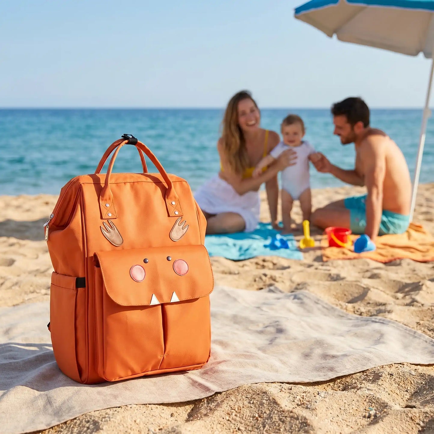 sac a langer dos impermeable momstylé sur la plage avec bébé et sa famille