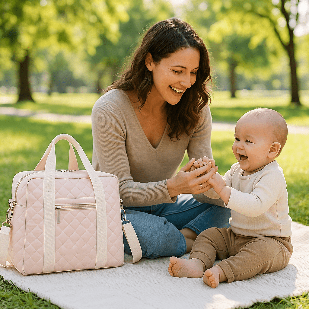 sac a langer elegance sur la couverture à coté de maman et bébé