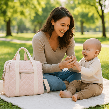 sac a langer elegance sur la couverture à coté de maman et bébé