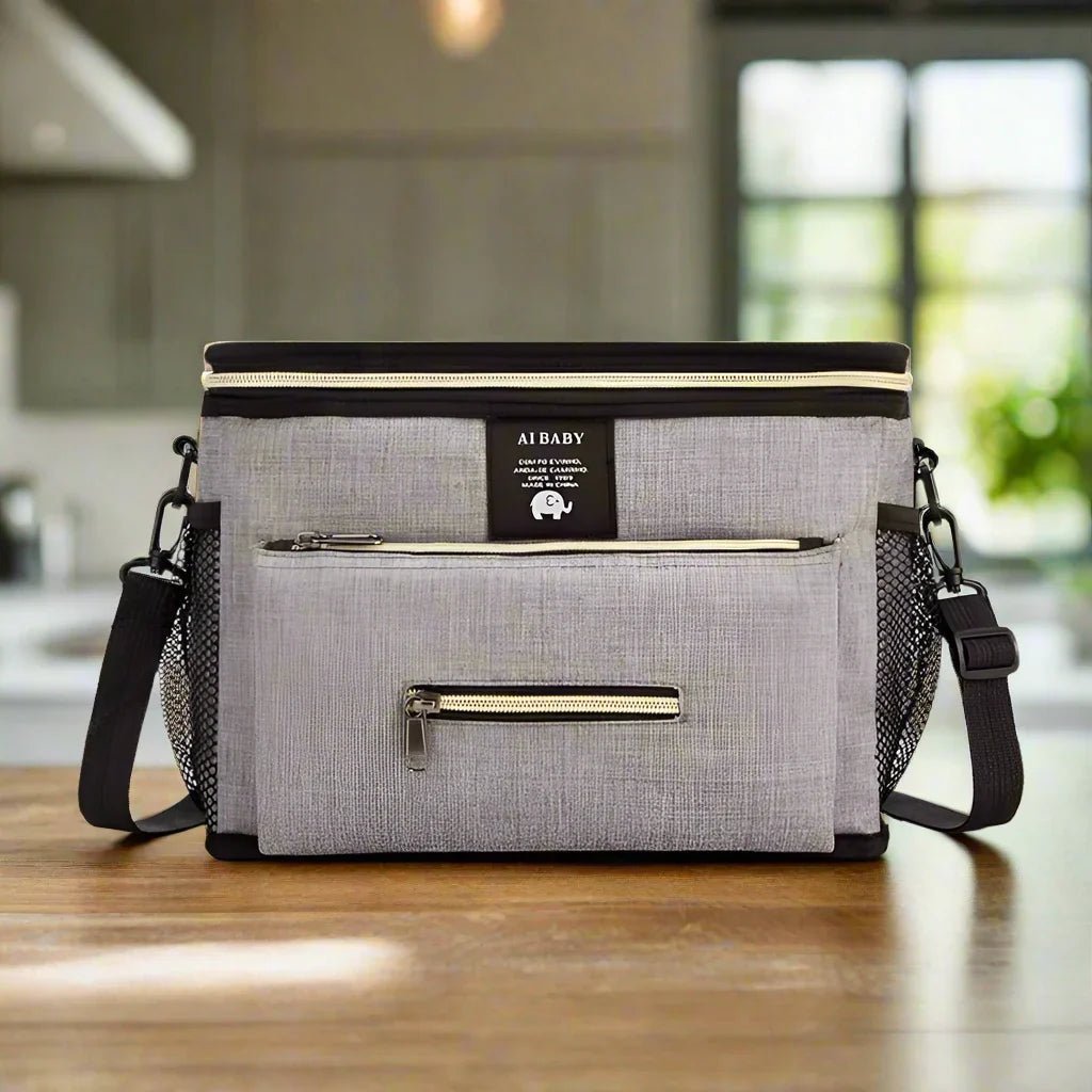 sac a langer grand babytravel gris sur la table