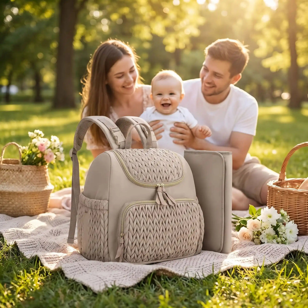 sac a langer gris finesse sur la couverture au parc avec bébé et famille
