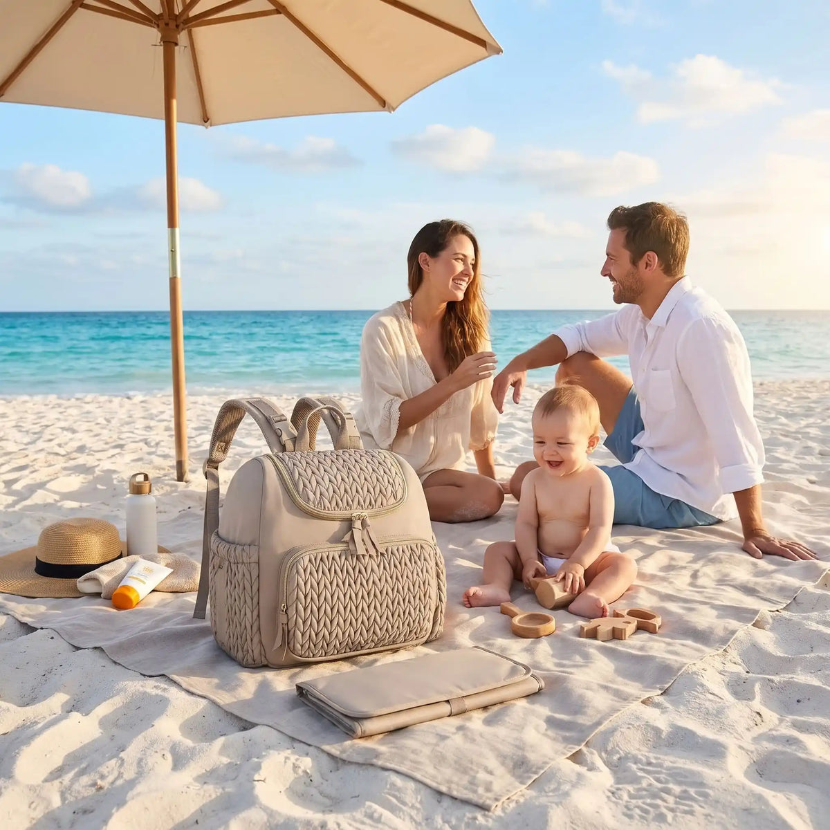 sac a langer gris finesse sur la couverture sur la plage avec bébé et famille