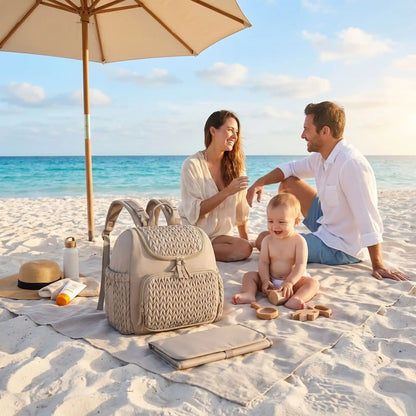 sac a langer gris finesse sur la couverture sur la plage avec bébé et famille