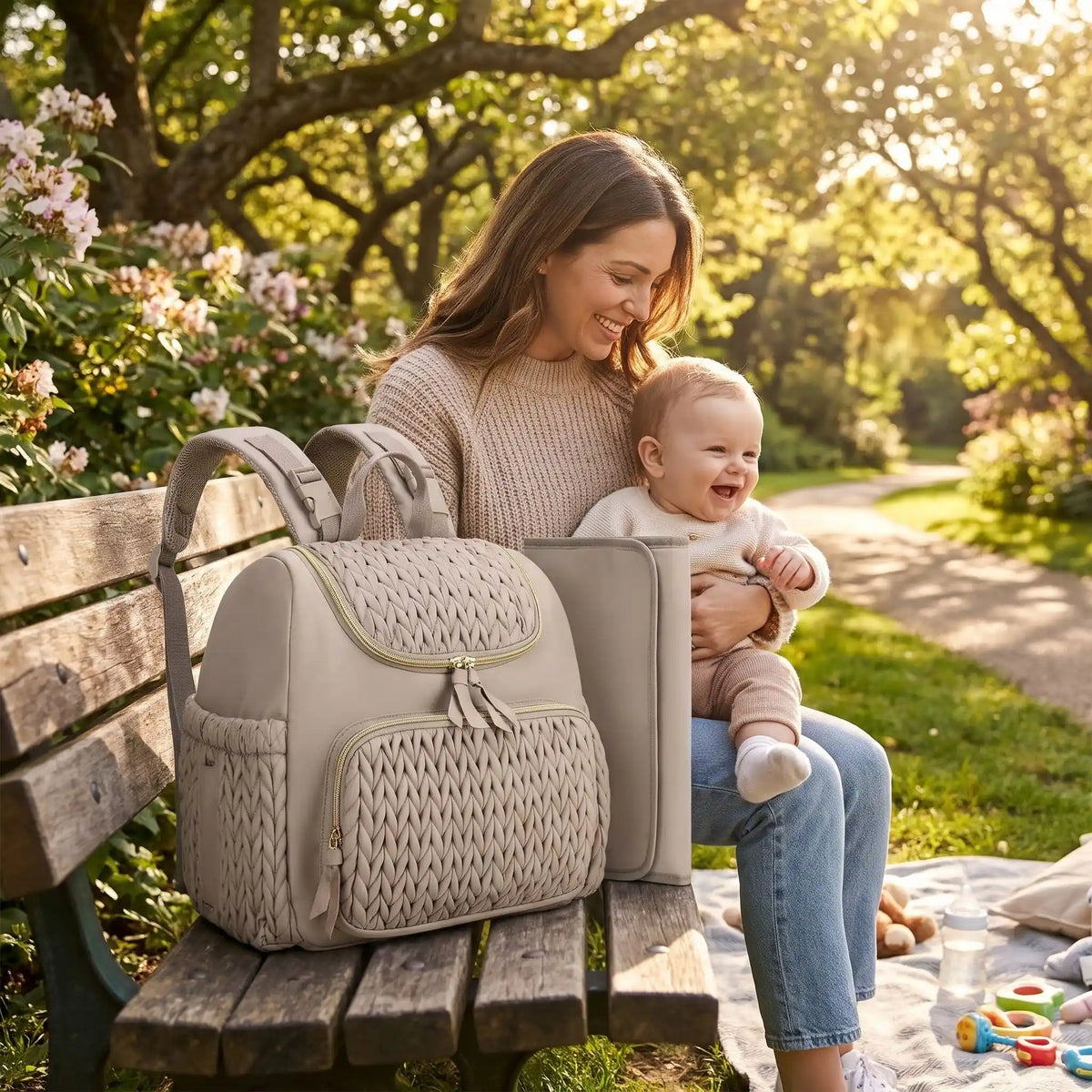 sac a langer gris finesse sur le banc au parc avec bébé et maman