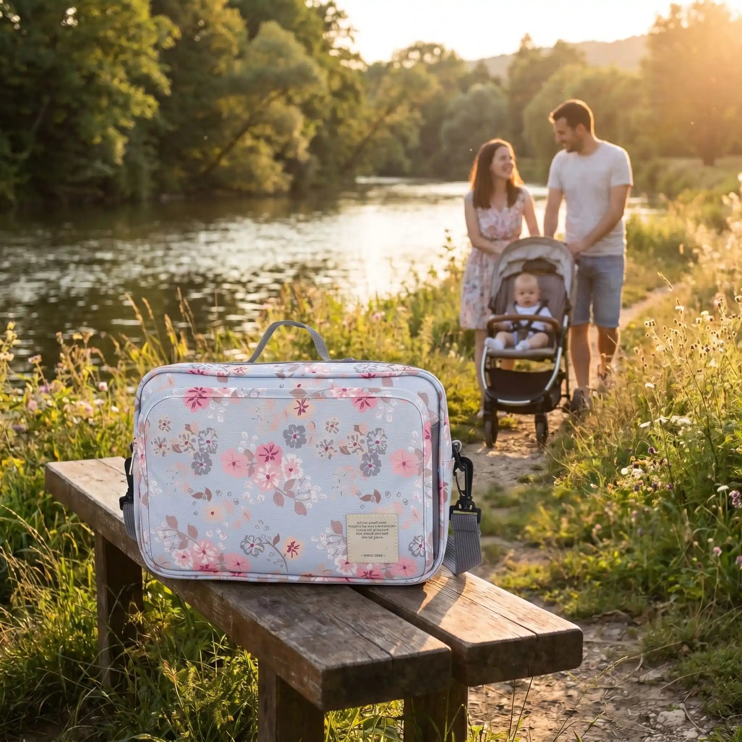 sac a langer happy chic babybag fleurs sur le banc au bord d'eau avec bébé et sa famille