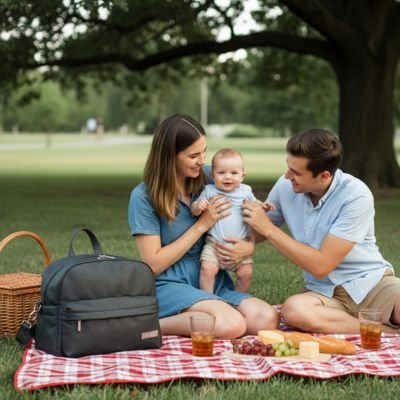 Sac à langer imperméable élégance pratique sur la couverture avec maman, bébé et papa
