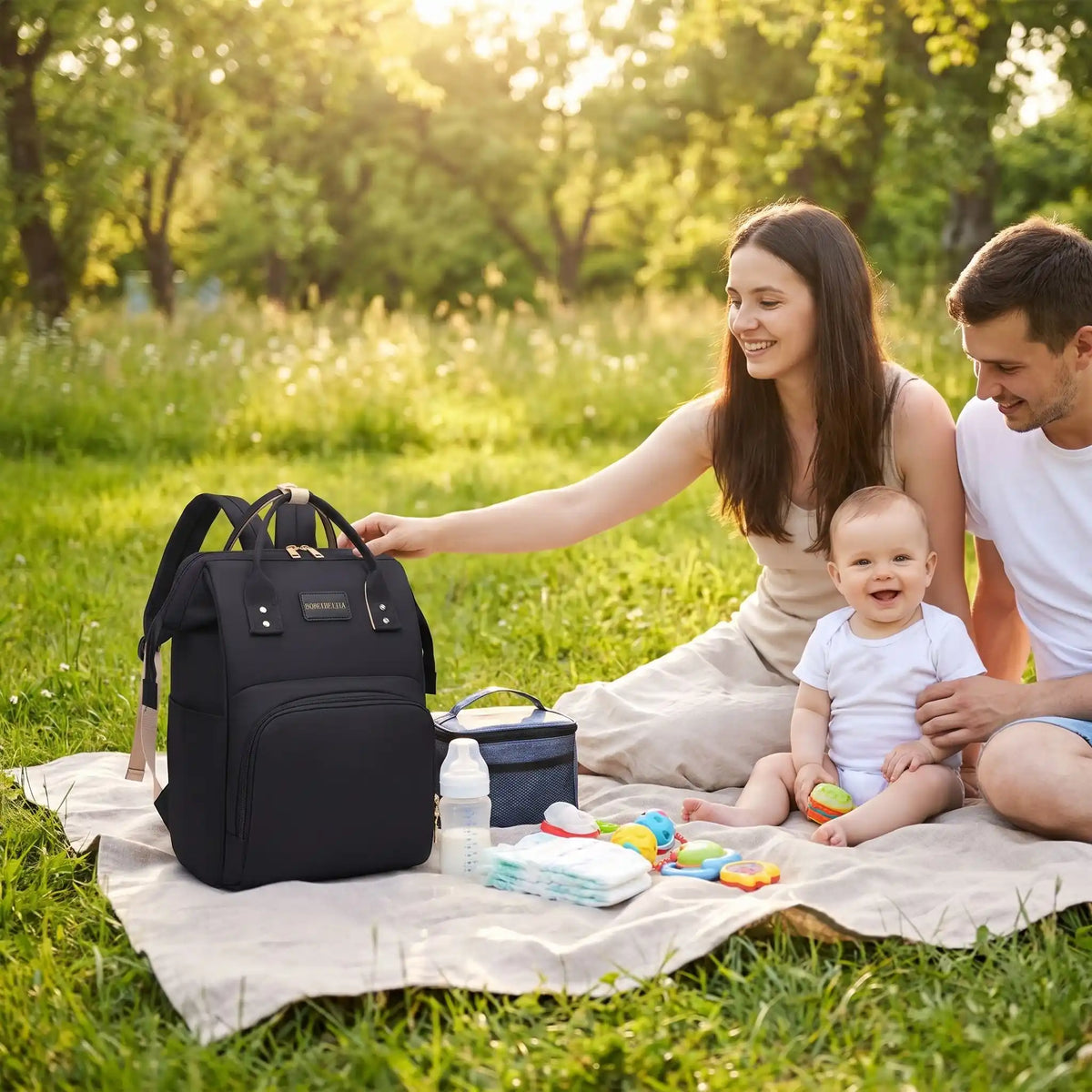 sac a langer impermeable extra sur la couverture avec bébé et famille