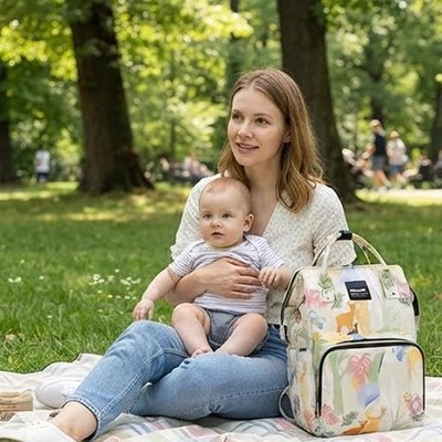 sac à langer imperméable multipoches avec maman et bébé au parc