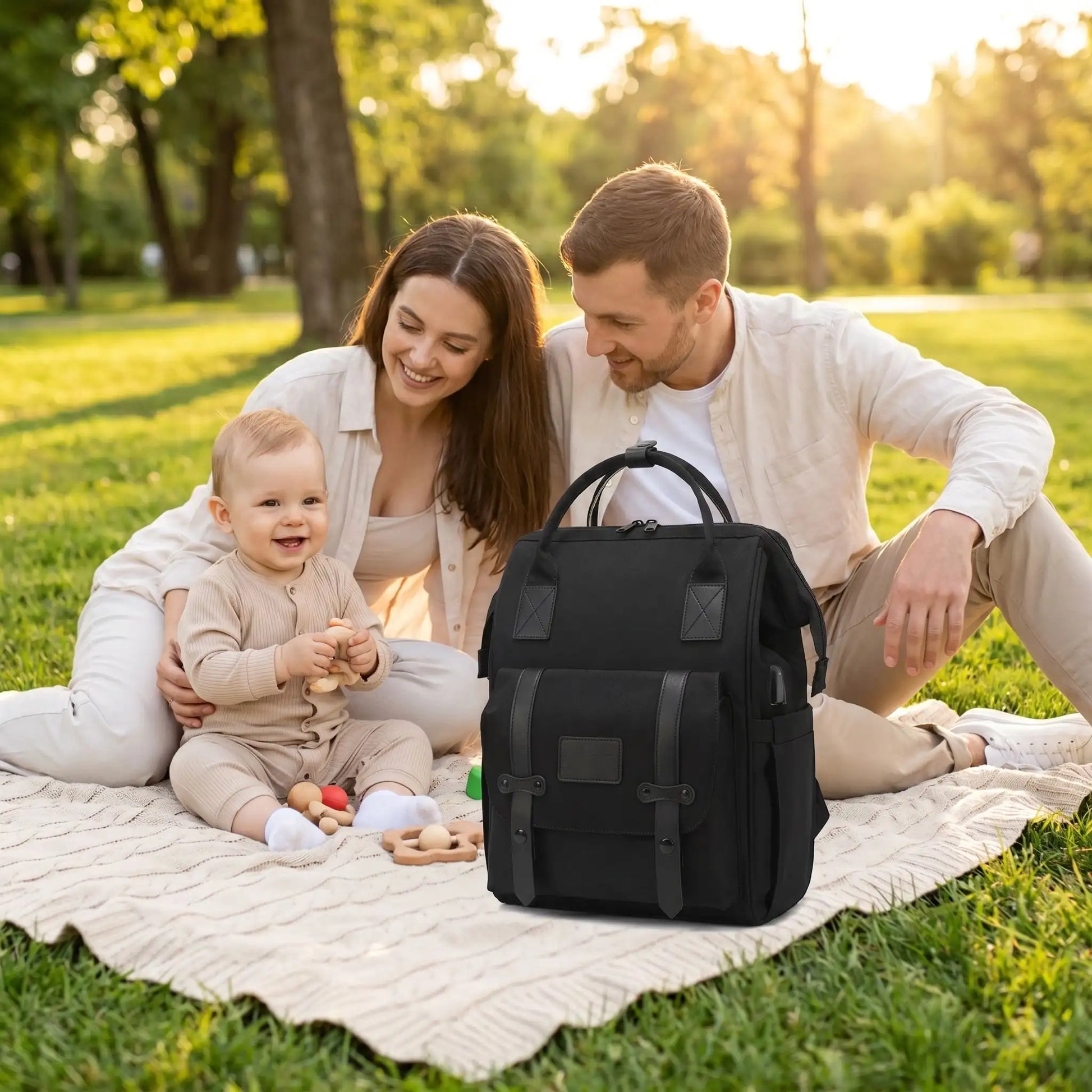sac a langer impermeable noir momidéal sur la couverture au parc avec bébé et sa famille