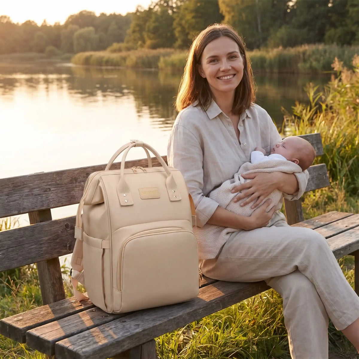 sac a langer impermeable raffiné sur le banc avec bébé et maman