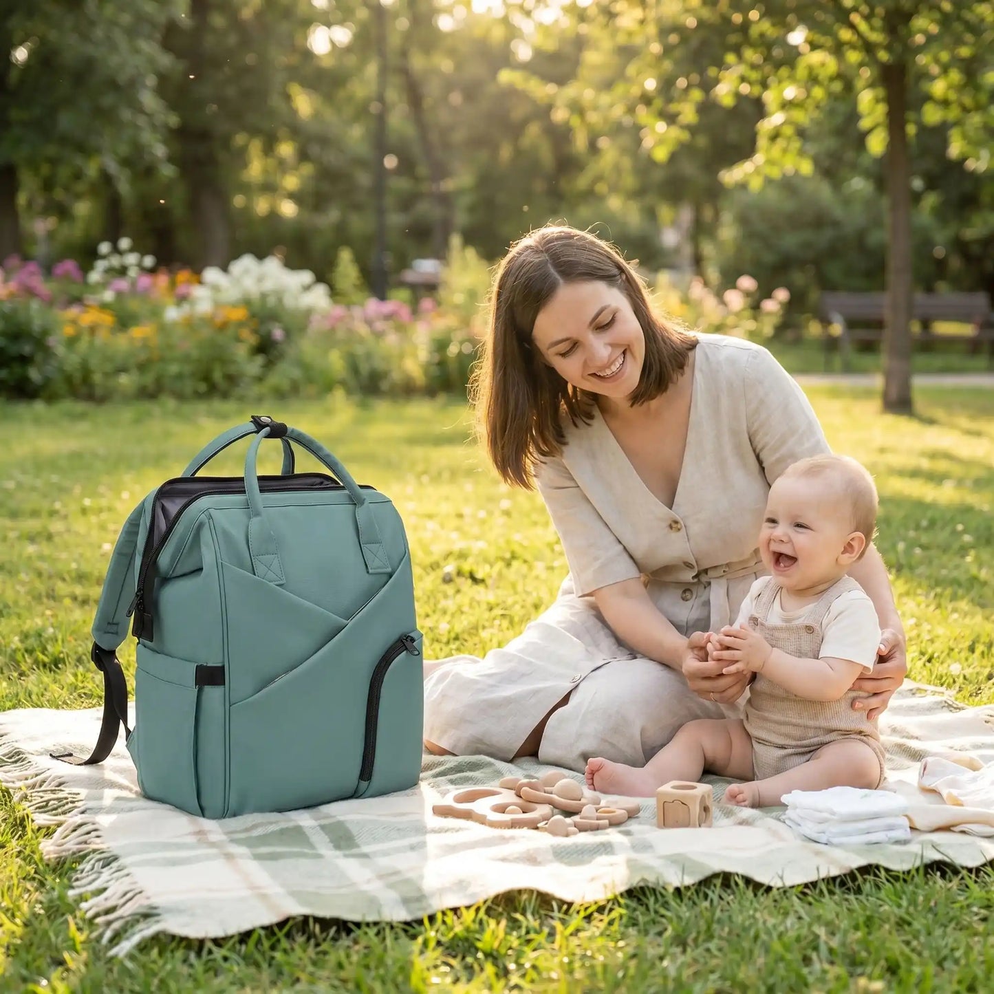 sac à langer luxe momlight sur la couverture au parc avec bébé et maman