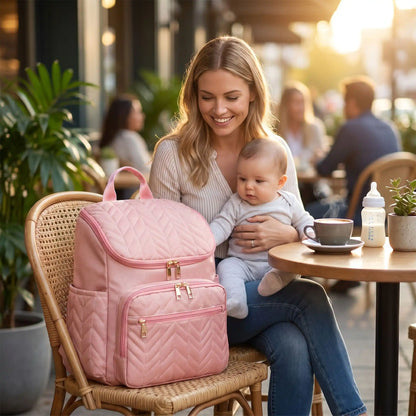 sac à langer sac à dos imperméable star sur la chaise au café restaurant avec maman et bébé