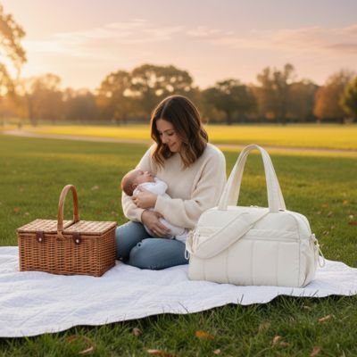 sac a langer spacieux avec maman et bébé sur la couverture