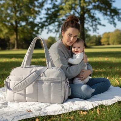 sac a langer spacieux sur la couverture avec maman et bébé 