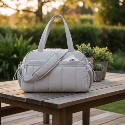 sac a langer spacieux sur la table du jardin