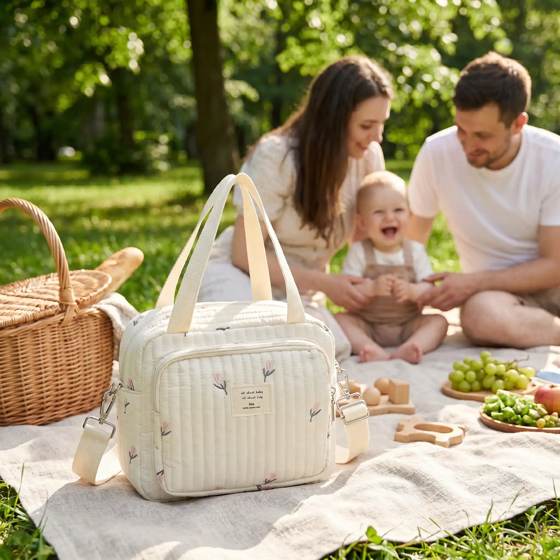 sac a langer sport chic floral sur la couverture au parc avec bébé et sa famille