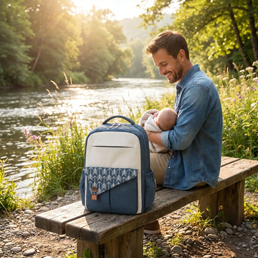 sac à langer toile imperméable momperfect sur un banc au bord d'eau avec bébé et papa