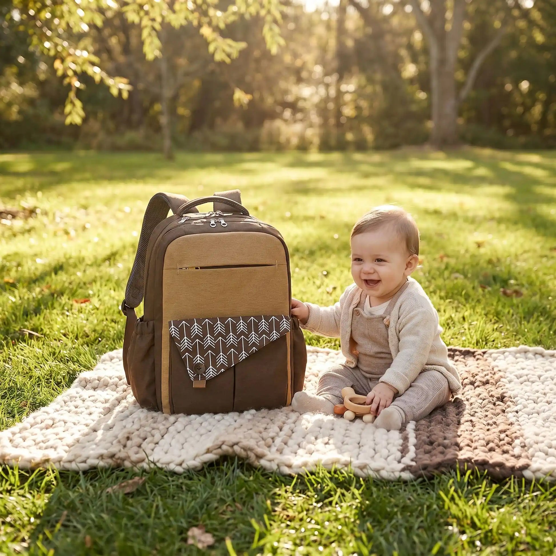 sac a langer urban chic babyserenity sur la couverture au parc avec bebe
