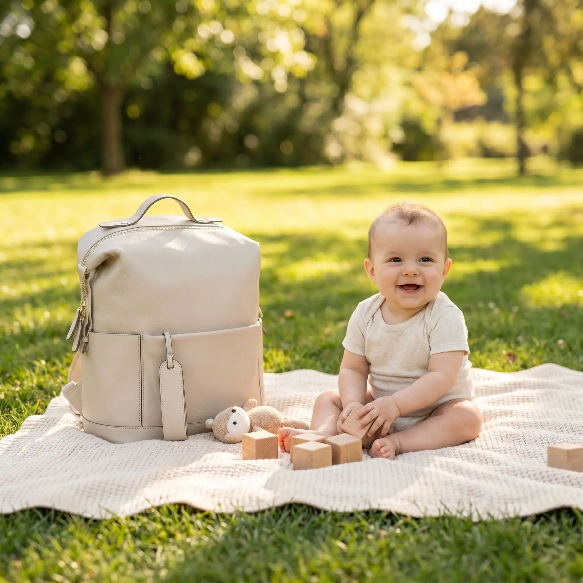 sac a dos a langer impermeable beige sur la couverture au parc avec bébée