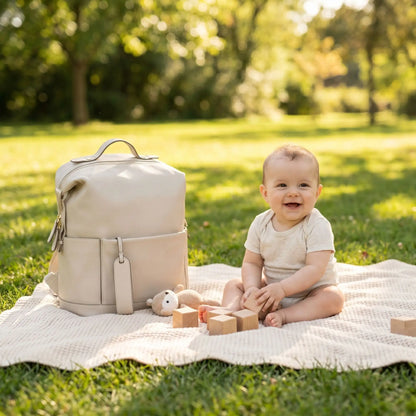 sac a dos a langer impermeable beige sur la couverture au parc avec bébée