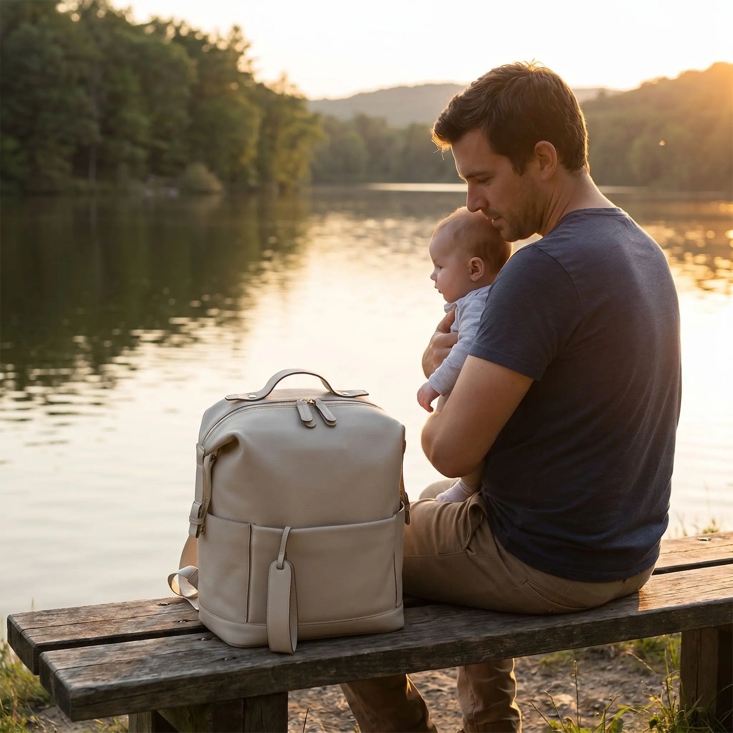 sac a dos a langer impermeable beige sur le banc au bord d'eau avec papa et bébé