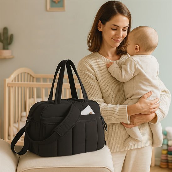 sac à langer multifonctionnel noir à coté de maman et bébé 