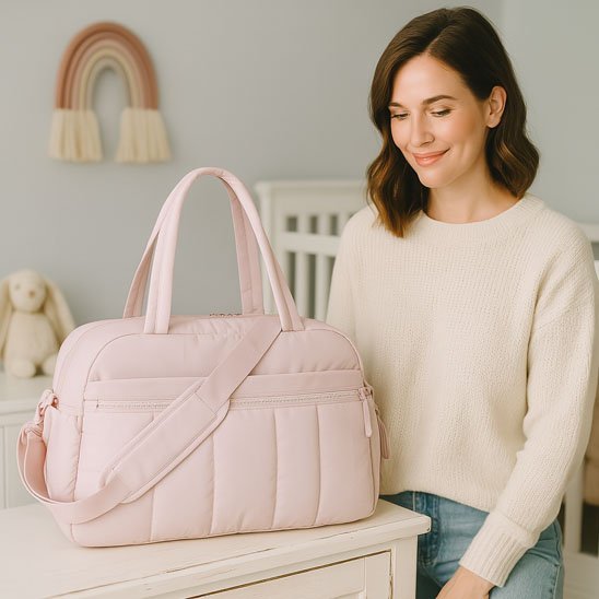 sac à langer multifonctionnel rose sur la table à coté de maman