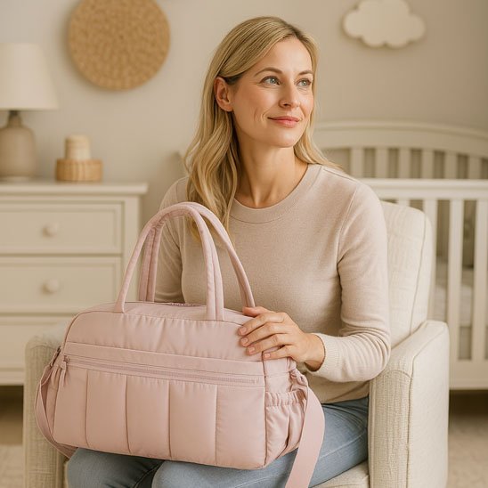 sac à langer multifonctionnel sur les cuisses de maman dans la chambre