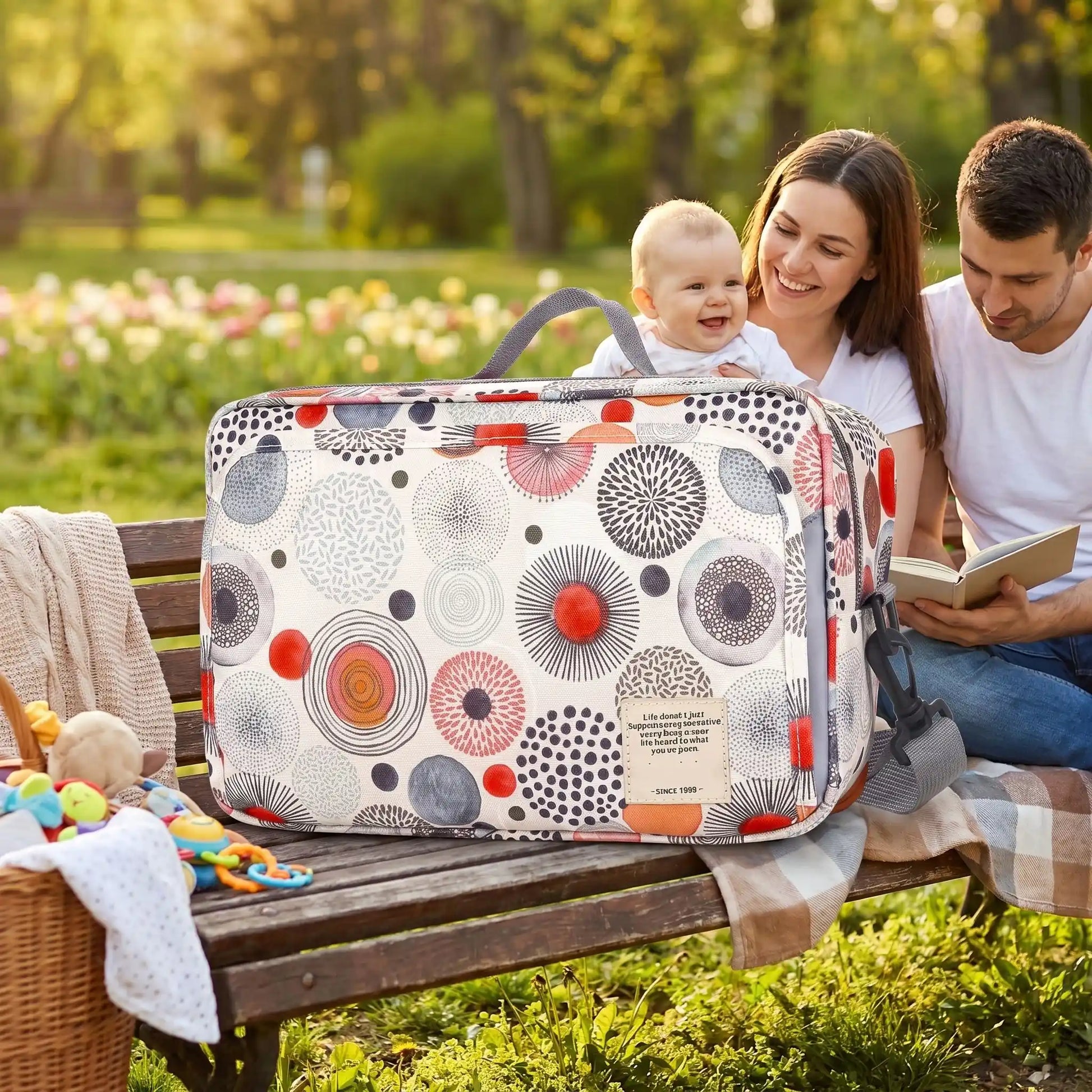sac a langer urban chic babybag circle sur le banc au parc avec bébé et sa famille