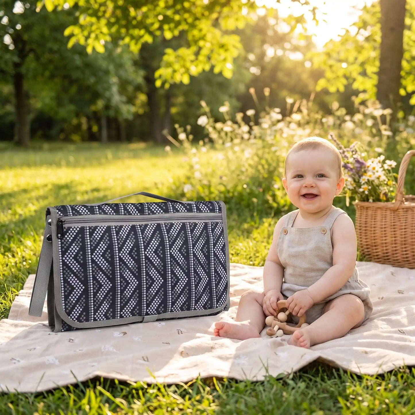 tapis à langer de voyage softsur la couverture au parc avec bébé