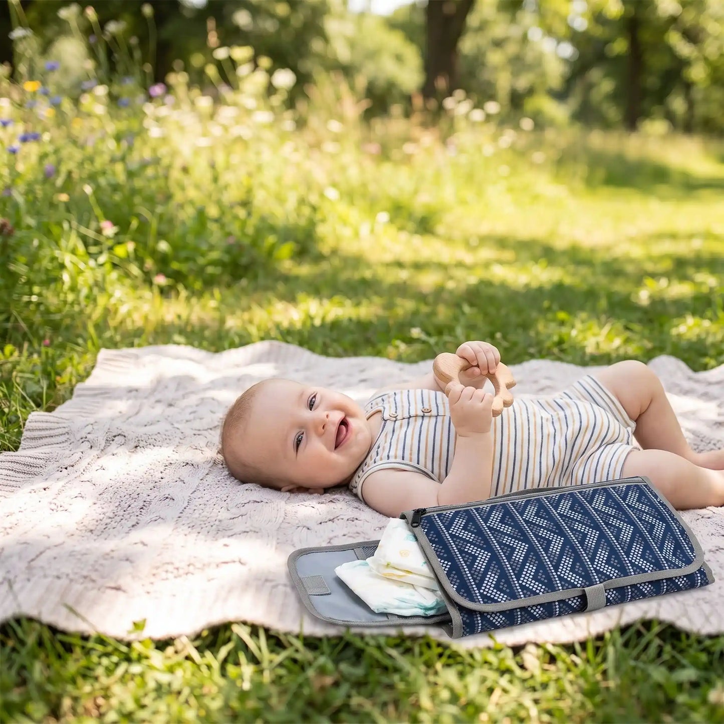 tapis à langer nomade blue dots à coté de bébé au parc